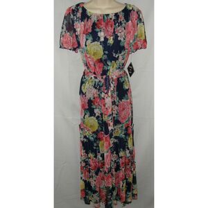 NWT Blue Floral Sz 8 Stretchy Mesh Lined Tiered Belted Maxi Dress KATE & LILY